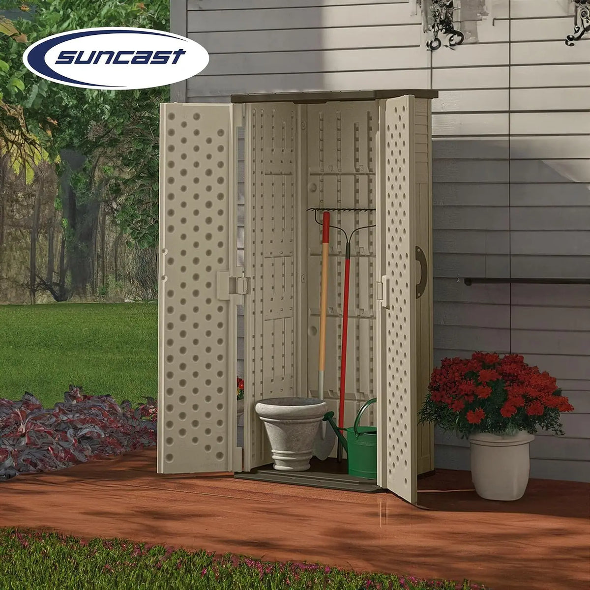Vertical Shed, Compact Outdoor Storage System, 22 Cu. Ft. Capacity, Sand & Mustang - Lockable Multi-Wall Resin, Custom
