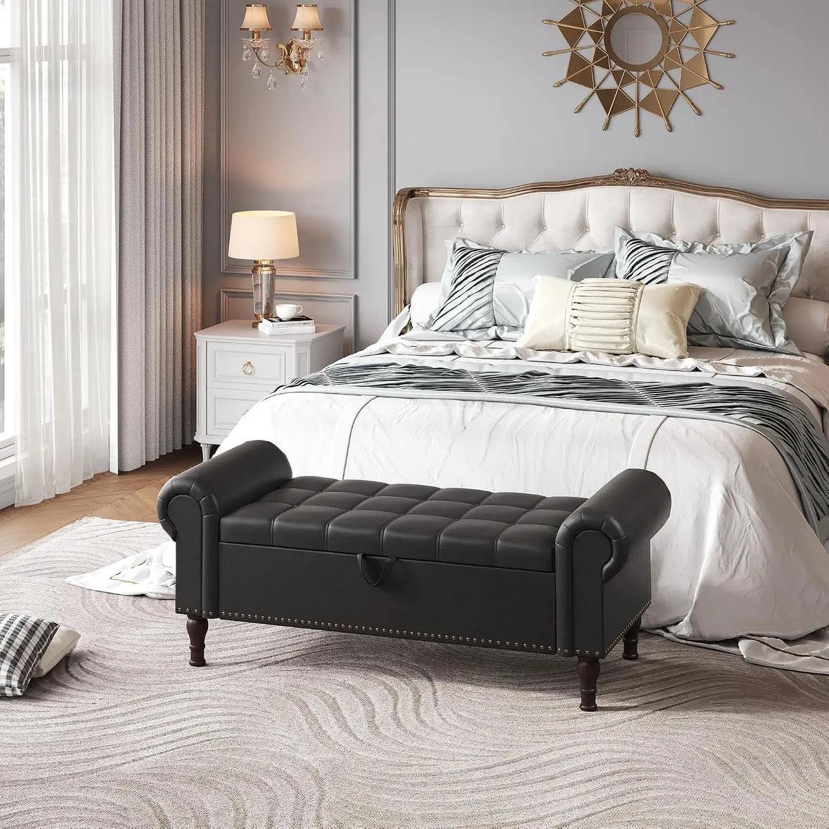 YOUDENOVA 51” Ottoman with Storage, Upholstered Storage Ottoman Bench with Rolled Arms, PU Leather Storage Bench for Bedroom, Li