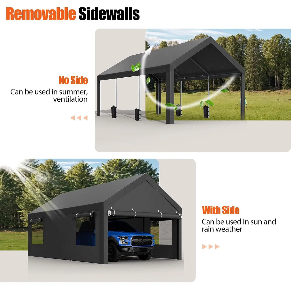 12x20 ft Heavy Duty Carport with Roll-up Windows, Portable Garage with Removable Sidewalls & Doors, Car, Customized