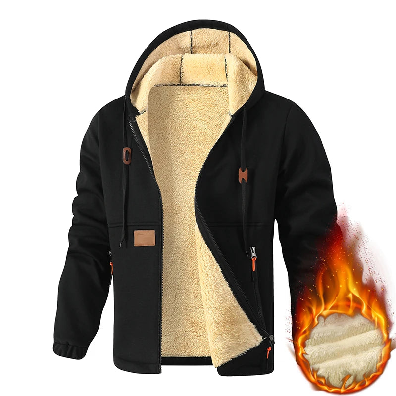 Men Fleece Lined Hooded Sweatshirt Thick Sherpa Lined Zip Up Hoodie Hiking Jacket Zipper Pockets Winter Thermal Casual Outerwear