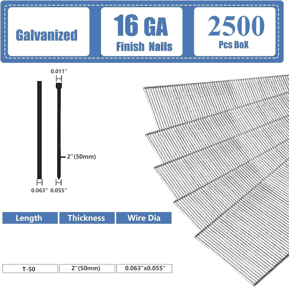 Straight Finish Nails, 16 Gauge, 900/1500/2500-Pack (1-1/2", 1-3/4", 2"), Galvanized, Assorted Size Project Pack