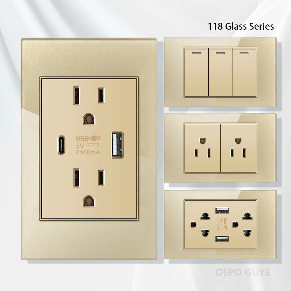 American Standard Dual Wall Usb Plug Socket, Household Mexico US Tempered Glass Light Switch Outlet Adapter Type-C Fast Charging