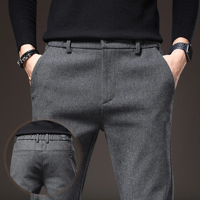 Autumn Winter Men's Casual Pants Solid Color Business Elastic Waist Slim Fit Stretch Thick Gray Black Blue Cotton Trousers Male