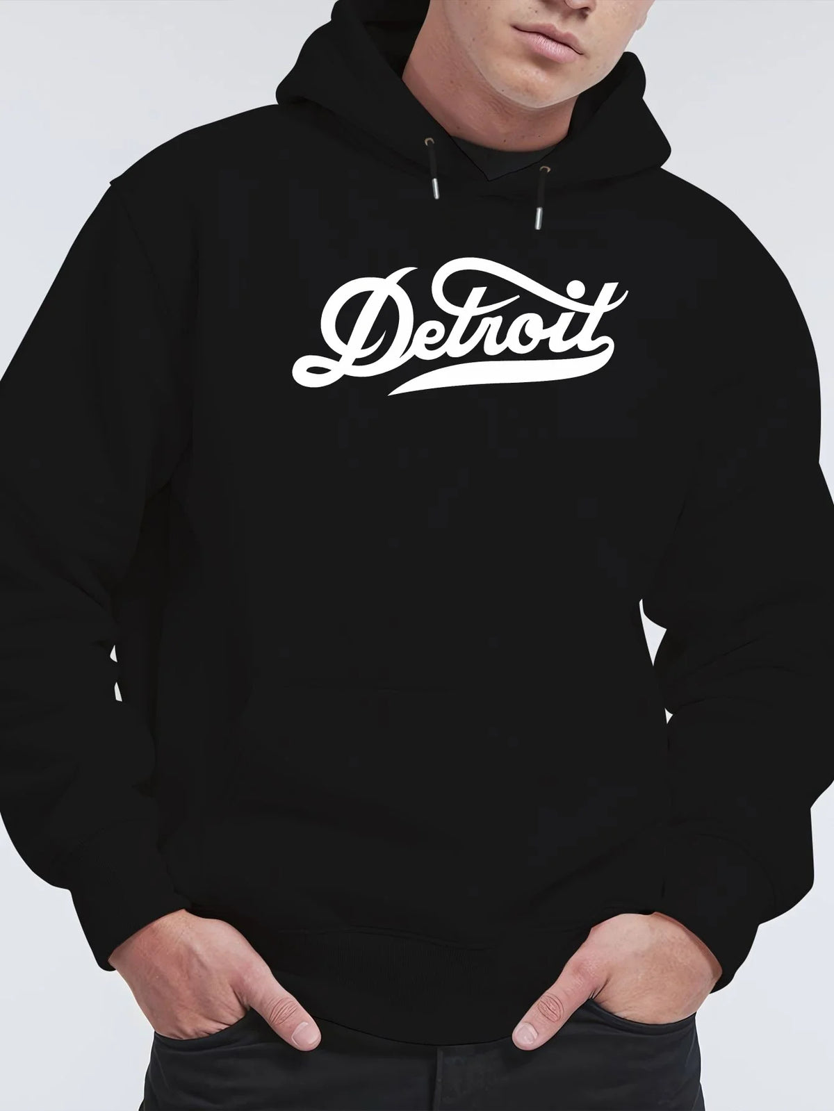 Detroit Men's Loose Hooded Sweater - 100% Polyester 200g Flannel, Bold Letter Print, Regular Fall/Winter Spring Casual Pullover, Plus Size