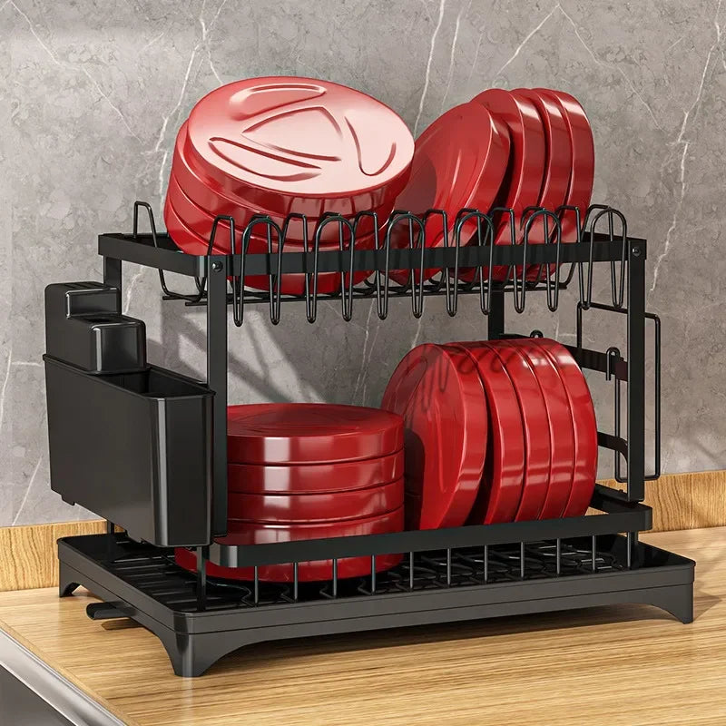 Double‑Layer Large‑Capacity Dish Drain Rack with Water Guide Plate Kitchen Countertop Bowl Cup Tableware Storage Organizer