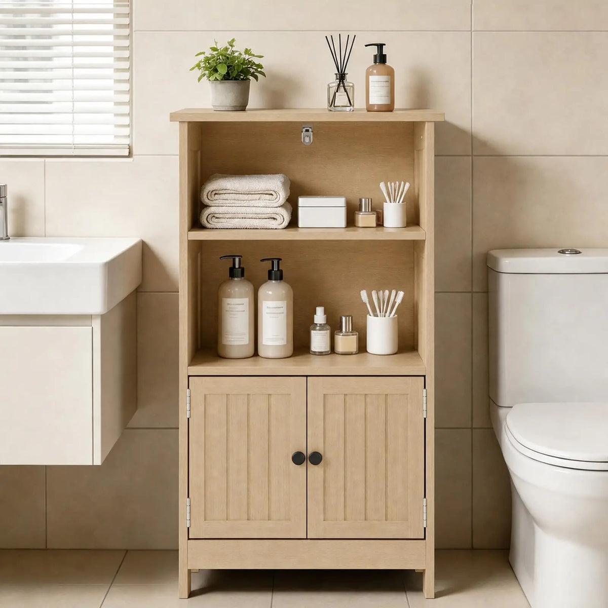 Freestanding Narrow Storage Cabinet with Doors, Adjustable Shelves Slim Floor Organizer for Bathroom or Entryway, Toilet Paper Storage