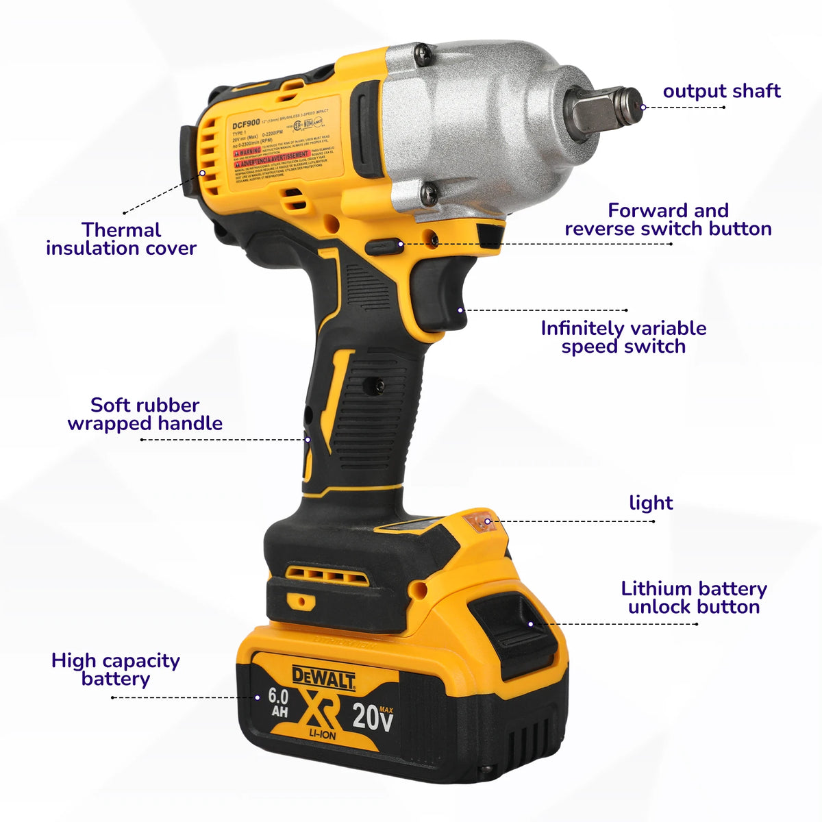 Dewei DCF900 20v Wireless impact wrench, High torque Brushless Impact Gun, 1/2 Universal battery electric tools