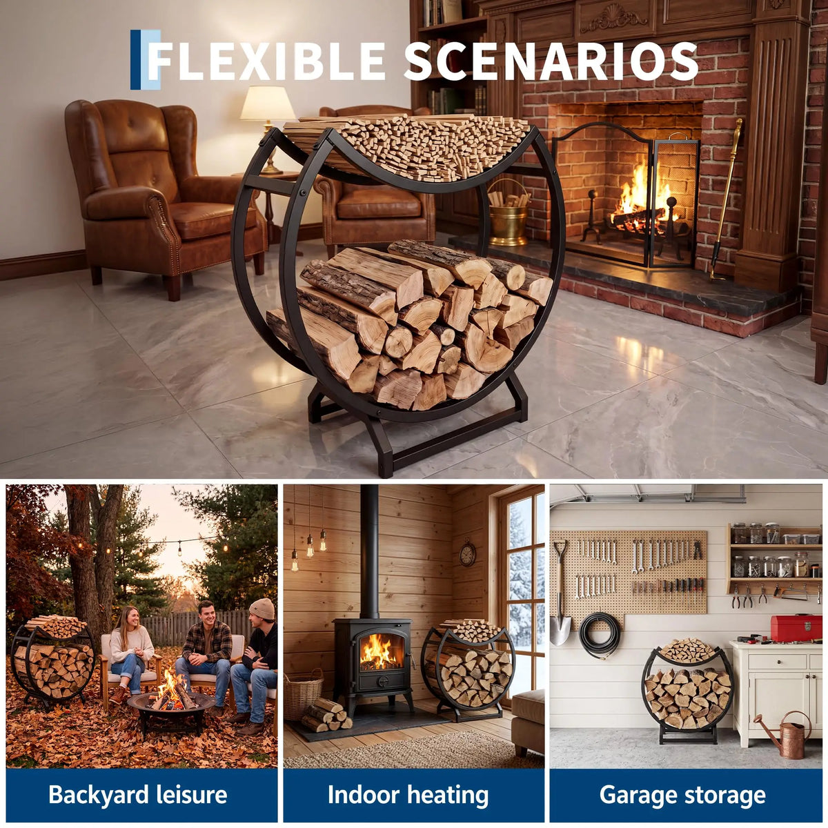 Round Firewood Rack Outdoor Indoor, Heavy Duty Wrought Iron Log Hoop Storage Holder, Circular Metal Wood Stacking Rack for Fireplace Fire Pit Hearth Patio Deck, Easy Tool-Free Setup