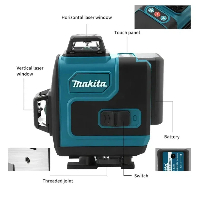 Makita Laser Level:Self-Leveling & Manual Modes,515nm Green Light,±4° Range,16 Lines,IP65,With Remote & Battery for Alignment