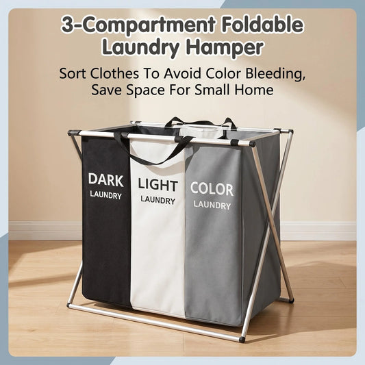 3-Compartment Foldable Laundry Hamper with Dark/Light/Color Sorting Bags – Space-Saving Dirty Clothes Organizer for Small Homes, Bathroom, Bedroom – Portable Storage Basket with Handles