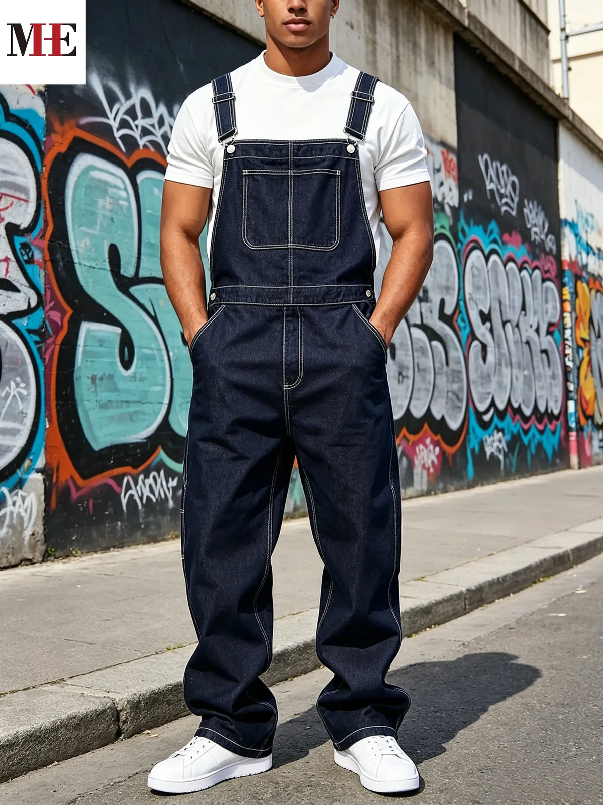 【HME】Men's Jeans | American Workwear Style Denim Overalls Pants Match Polo Shirts, Tees and Sweatshirts Perfectly, Versatile Design Fits Daily Outings and Retro Styling, Timeless Dark Wash Tone Creates Layered Looks Acros