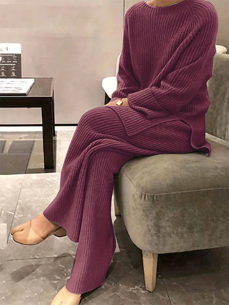 Plus Size 2026 New Women's Casual Wear Set Solid Color Two Piece Knitted Sweater Round Neck Long Sleeve Simple Versatile Sweater