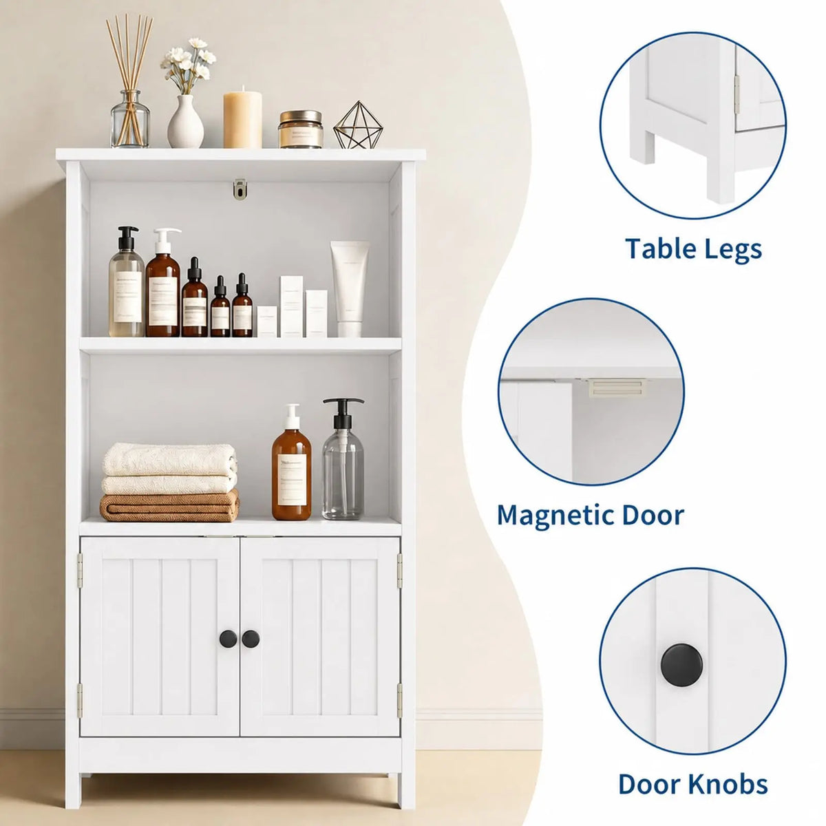 Freestanding Narrow Storage Cabinet with Doors, Adjustable Shelves Slim Floor Organizer for Bathroom or Entryway, Toilet Paper Storage