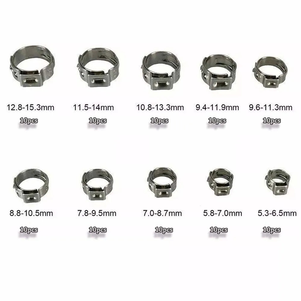 100pcs Single Ear Hose Clamps (5.3-15.3mm) 304 Stainless Steel O Fuel Pipe Clip Hose Set for Auto/Home Appliance/Pipe/Fuel Line