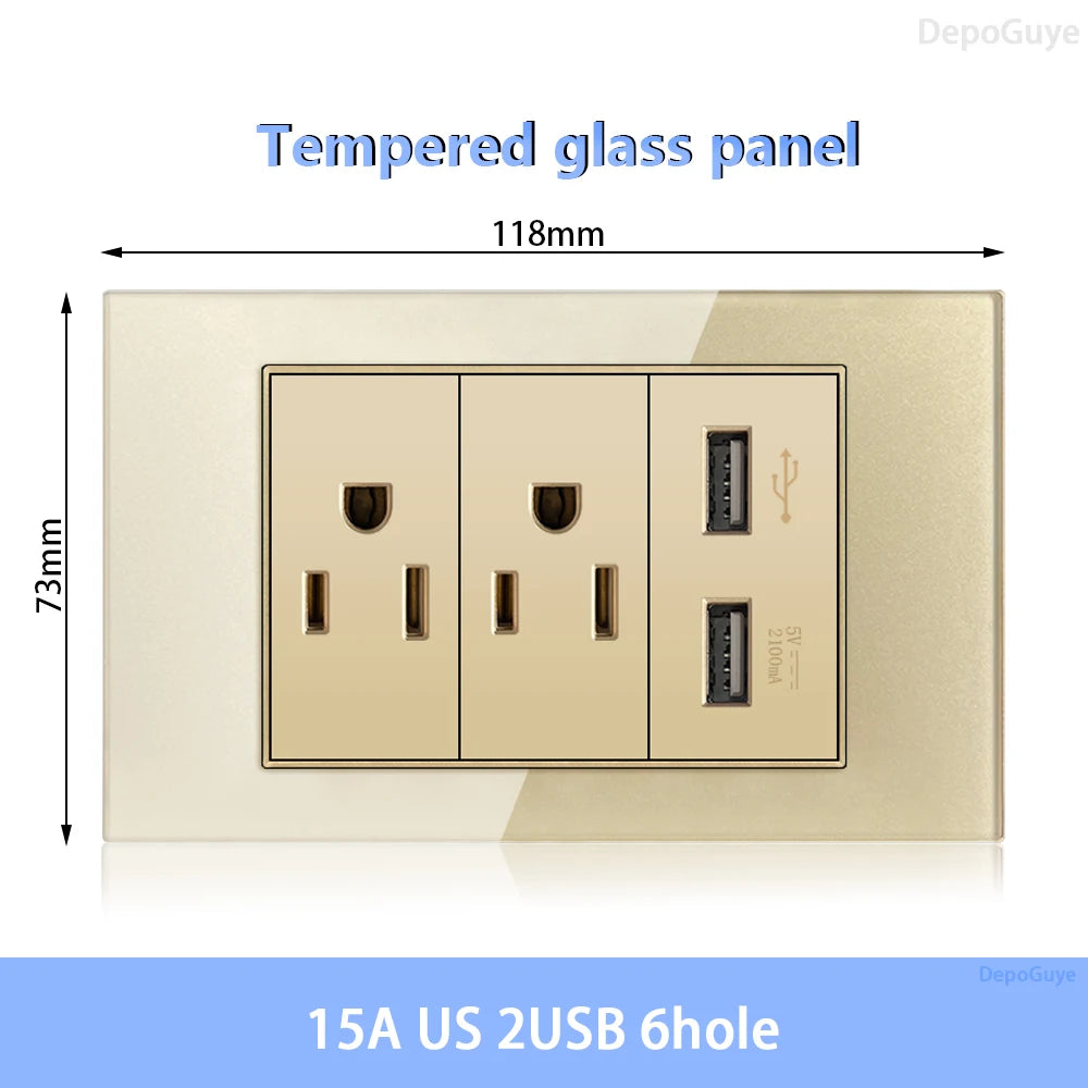 American Standard Dual Wall Usb Plug Socket, Household Mexico US Tempered Glass Light Switch Outlet Adapter Type-C Fast Charging