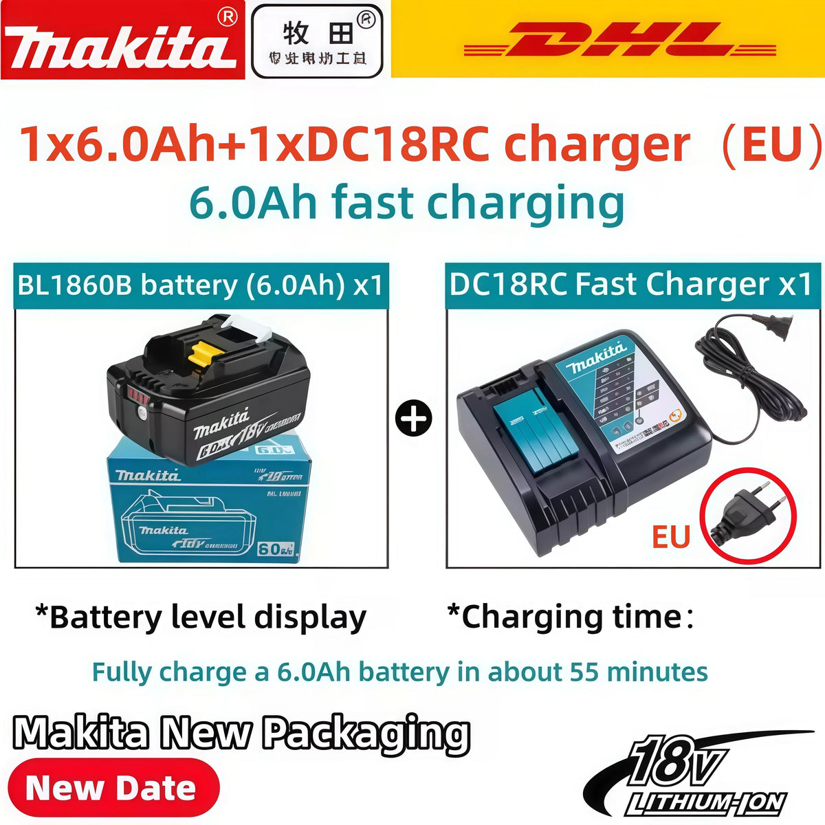 2026 New Makita 6Ah for Makita 18V Power Tool Battery BL1840 BL1830B BL1850B BL1850 BL1860 BL1815 Replacement Lithium Battery