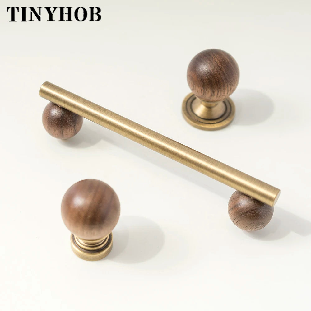 Bronze Brass + Walnut Wood  Cabinet Handle and Knob Drawer Knobs T Bar Bedroom Kitchen Cupboard Hardware / Drawer Handles