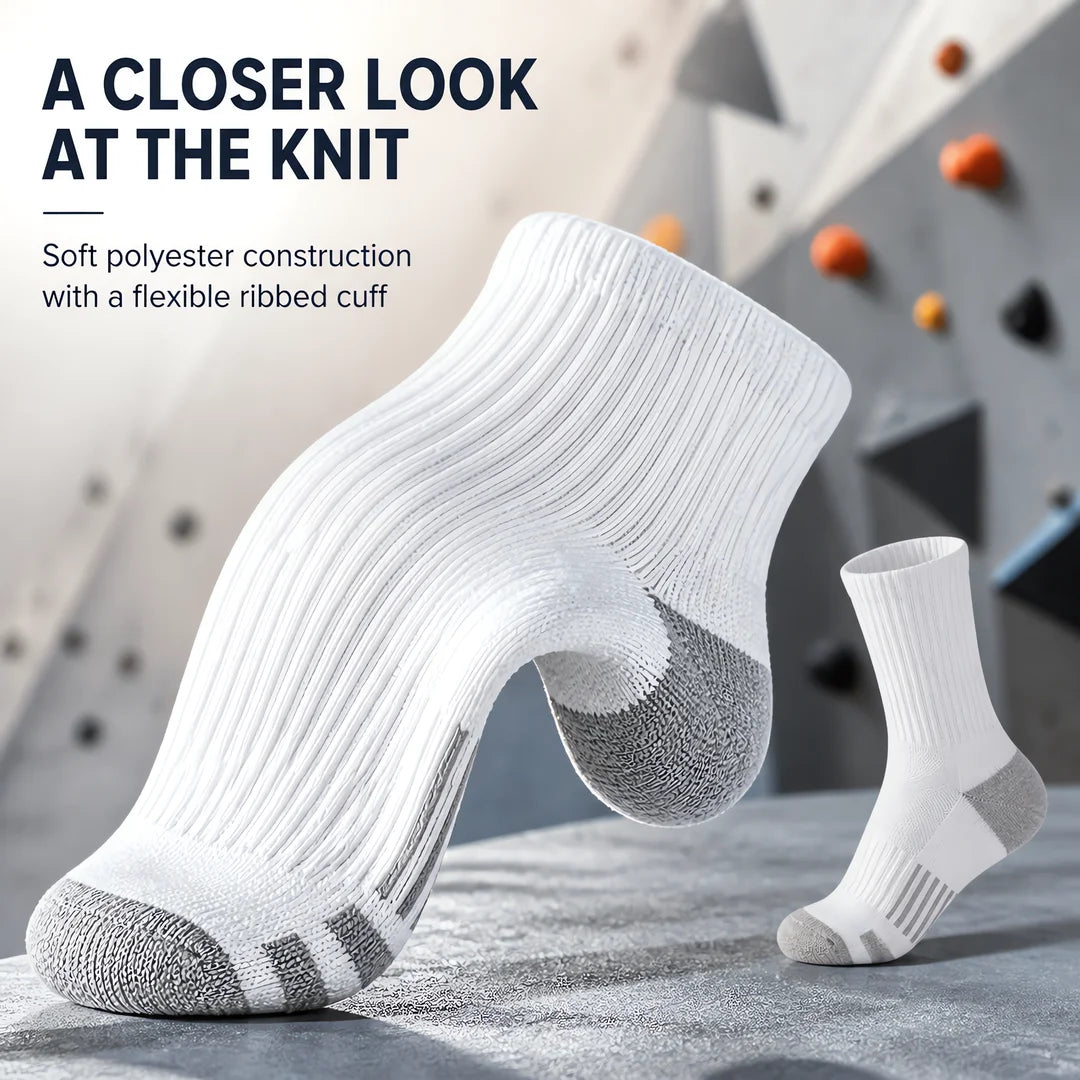 6 Pairs Crew Socks, Athletic Socks Men Women, Zoned Cushioning Socks, Ribbed Cuff Socks, Gray Heel Toe Socks, Striped Sole Socks, Performance Sports Socks, Breathable Running Socks, Everyday Casual Socks