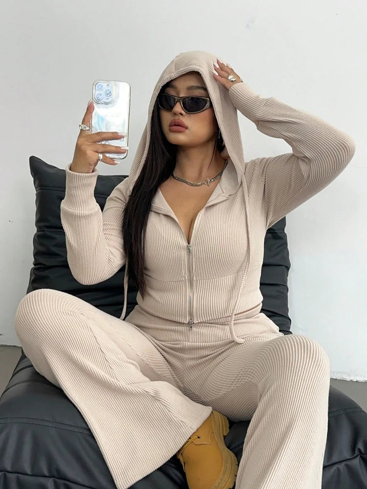 Plus Size Spring Simple Long Sleeve Hooded Top Slim Slim Micro Pants Casual Two Piece Set Casual Commuter