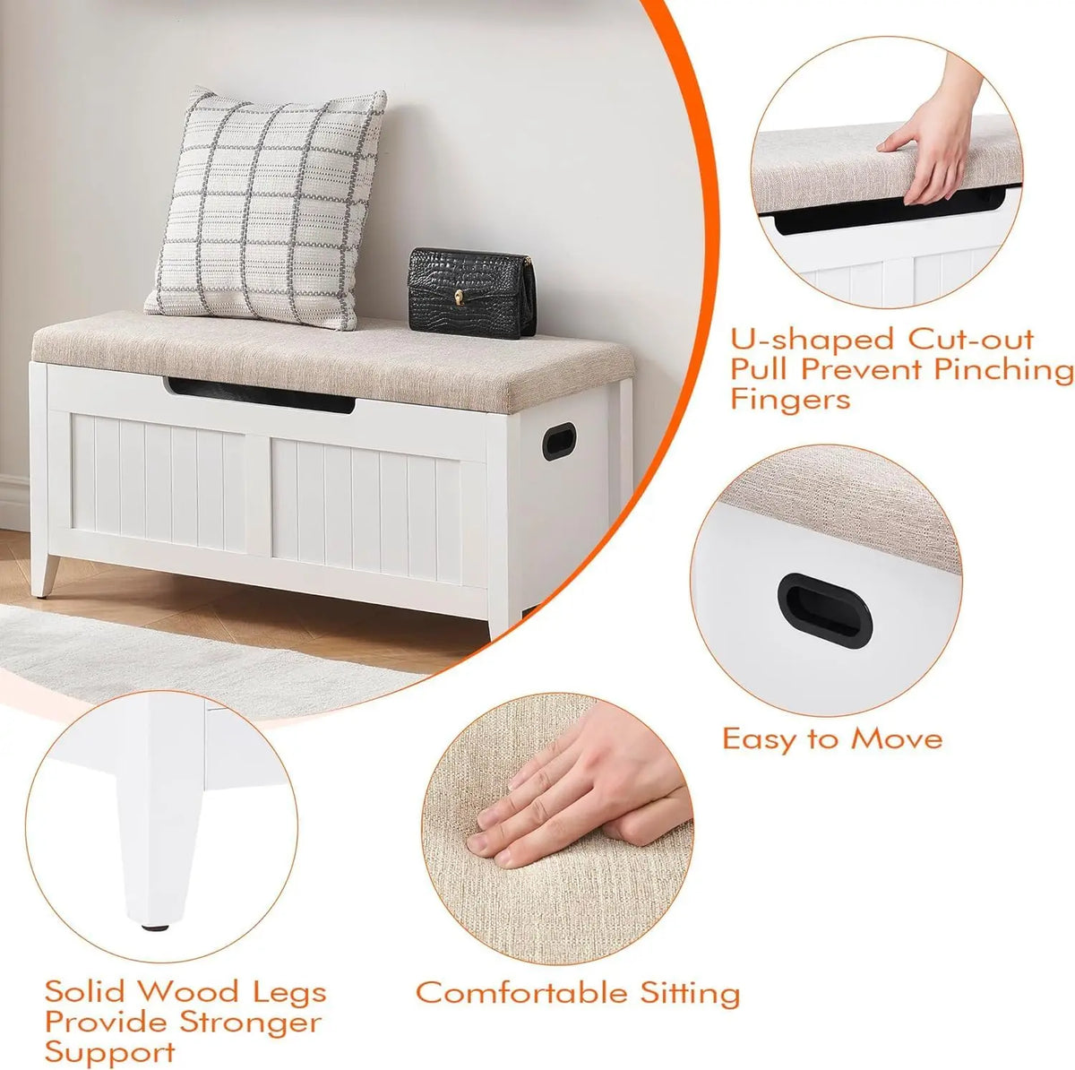 GAOMON Storage Bench with Cushion, 39.4 Inch Large Wooden Chest with Safety Hinges, Flip-Top Entryway Shoe Bench & Living Room Storage Trunk, Easy Assembly, Holds 260 lbs, White