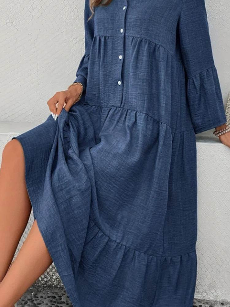 Simple V-neck Long Dress Button Solid Color Loose Long Dress Lady Trendy Elegant Long Skirt Trend Clothes For Lady High Street