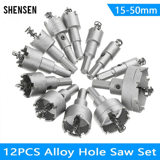 12Pcs15-50mm Alloy Hole Saw Set Carbide Tip TCT Metal Cutter Core Drill Bit Kits for Stainless Steel Metal Drilling Crown