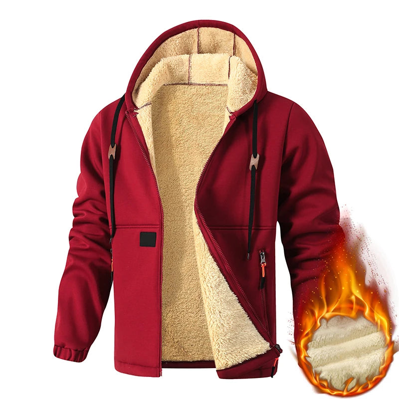 Men Fleece Lined Hooded Sweatshirt Thick Sherpa Lined Zip Up Hoodie Hiking Jacket Zipper Pockets Winter Thermal Casual Outerwear