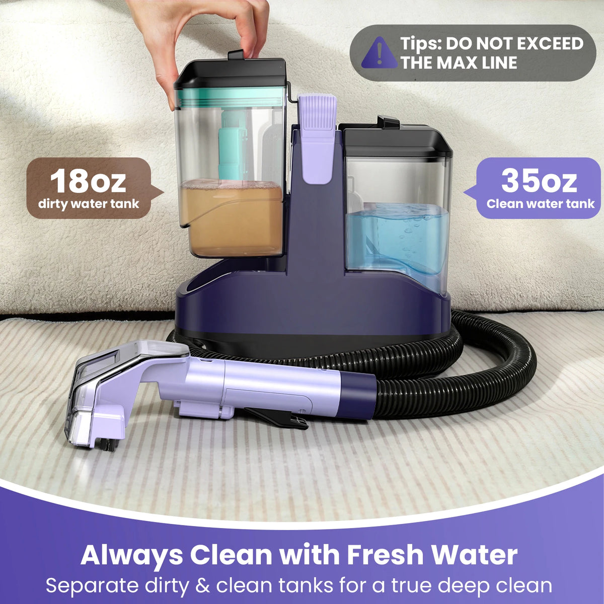 Portable Carpet Cleaner Machine Handheld Vacuum Wet Dry Powerful Suction for Sofa Curtain Car Seat Pet Hair