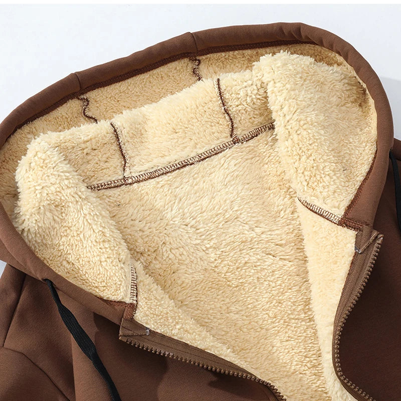 Men Fleece Lined Hooded Sweatshirt Thick Sherpa Lined Zip Up Hoodie Hiking Jacket Zipper Pockets Winter Thermal Casual Outerwear