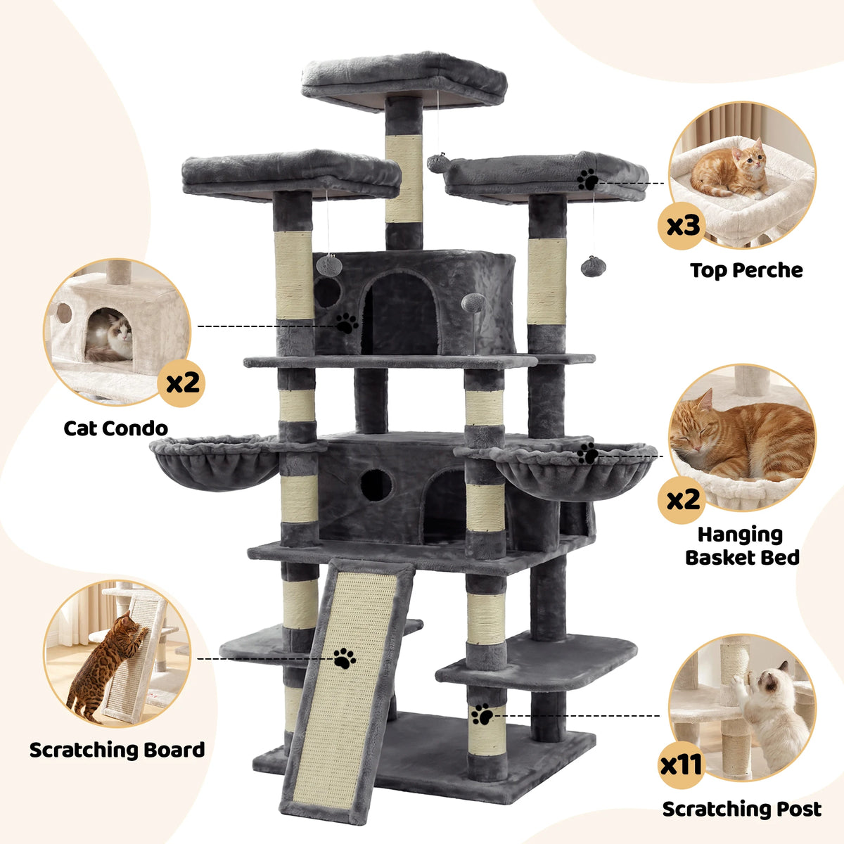 FOOWIN 173cm 68in Large Multi Level Cat Tree Tower Indoor Activity Center 2 Condos 3 Plush Perches Scratching Post Kitten Pet