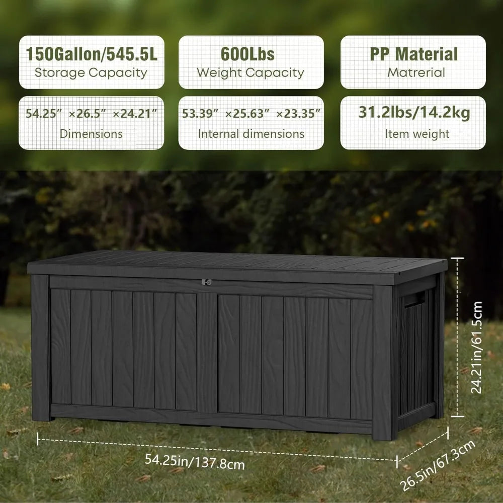 150 Gal Resin Deck Box Outdoor Storage Patio Cushions Garden Tools Black Hydraulic Pistons Weatherproof