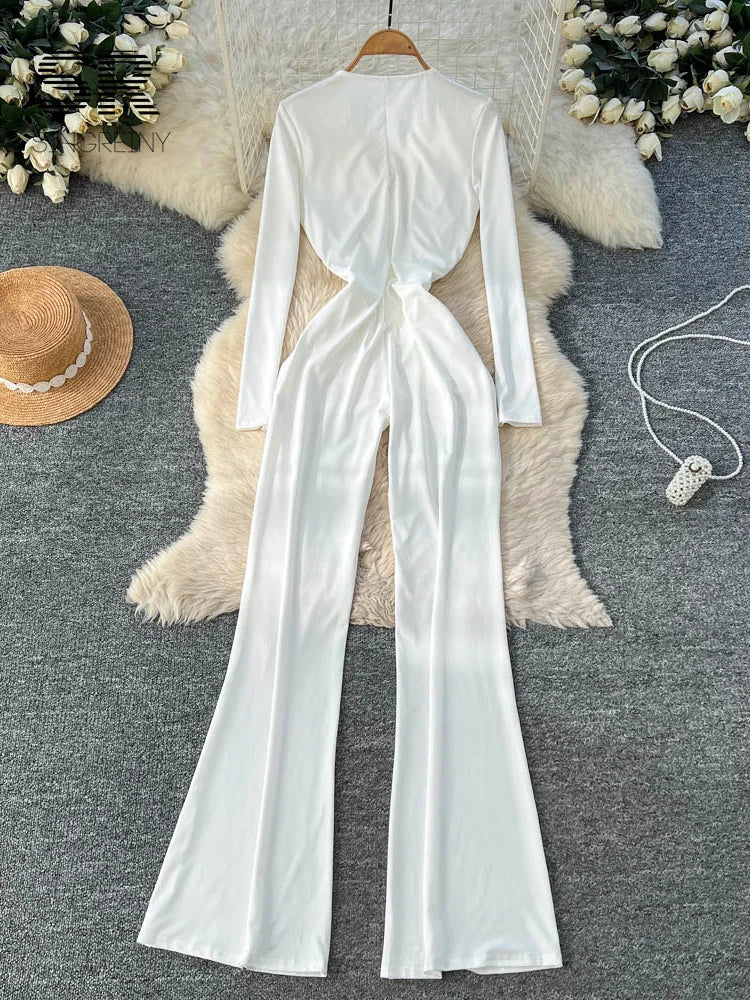 SINGREINY Minimalist Office Lady Jumpsuits Women Deep V Neck Slim Pleated High Waist American Fashion Glamorous Wide Leg Rompers