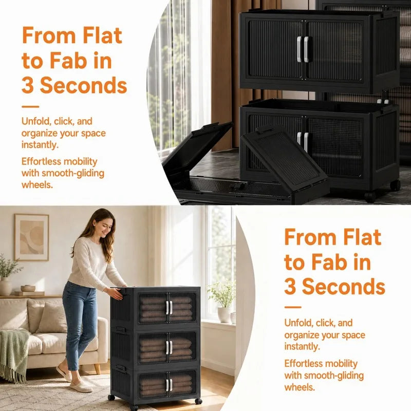 5‑Tier Foldable Plastic Storage Cabinet with Rolling Wheels, Stackable Closet Organizer with Flap Doors, Multifunctional Dust‑Proof Storage Shelf for Bedroom Living‑Room Kitchen