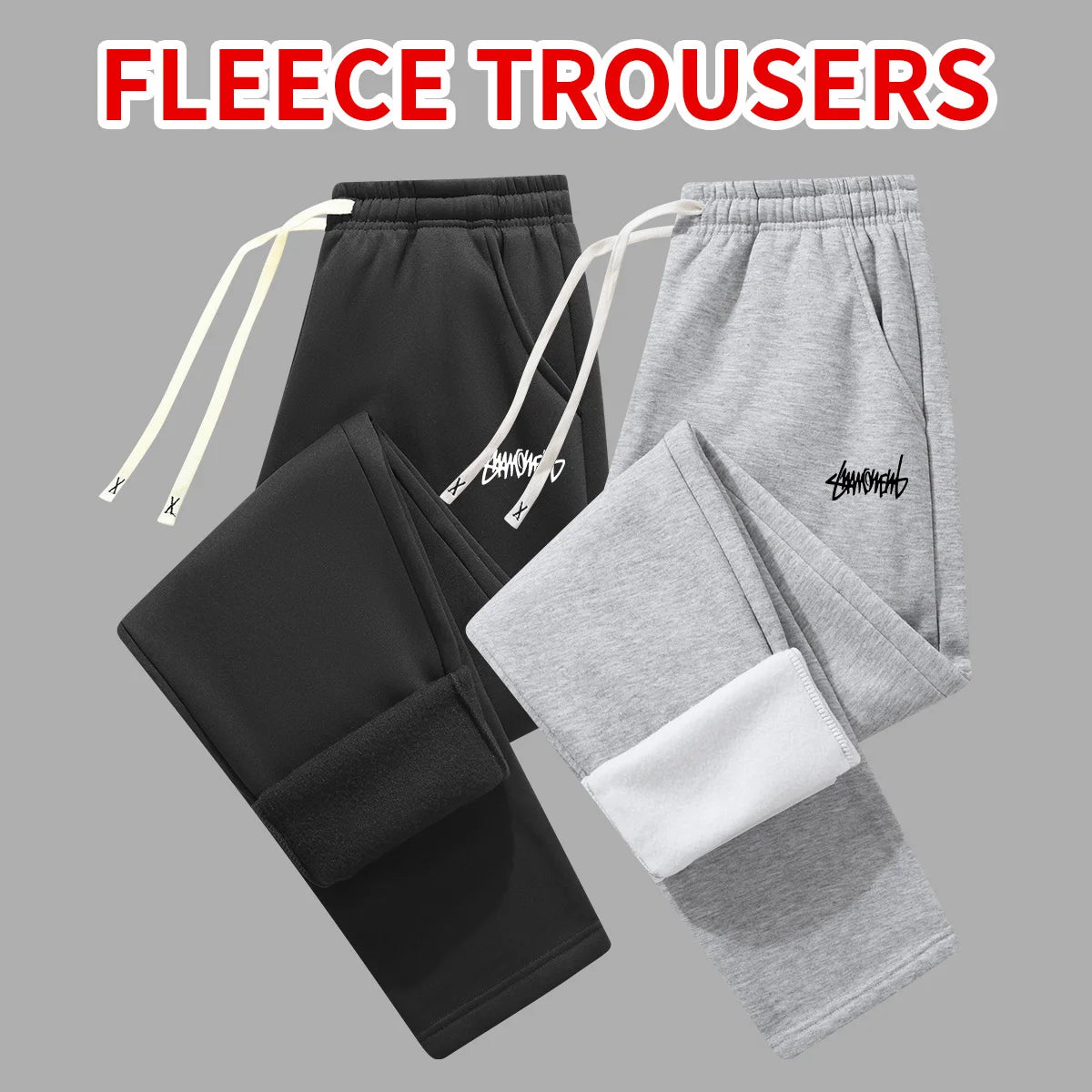 2-Pack Men's Casual Solid Color Printed Fleece-Lined Thickened Sweatpants Winter Straight Leg Pants with Drawstring, Warm Fleece-ined Casual Pants