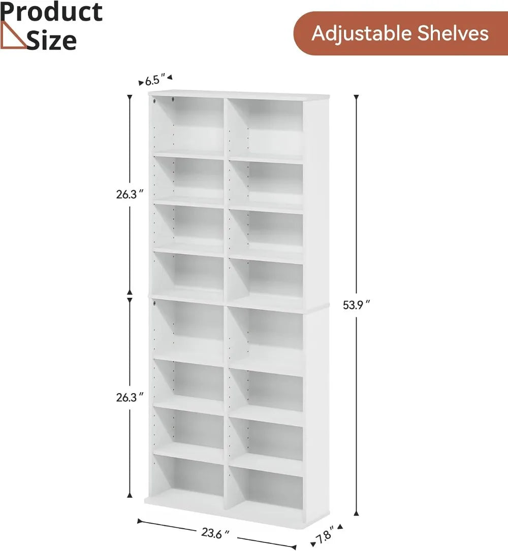 16-Shelf DVD Tower Storage Rack, Adjustable Media Shelves, 8-Tier Stand for Home Office