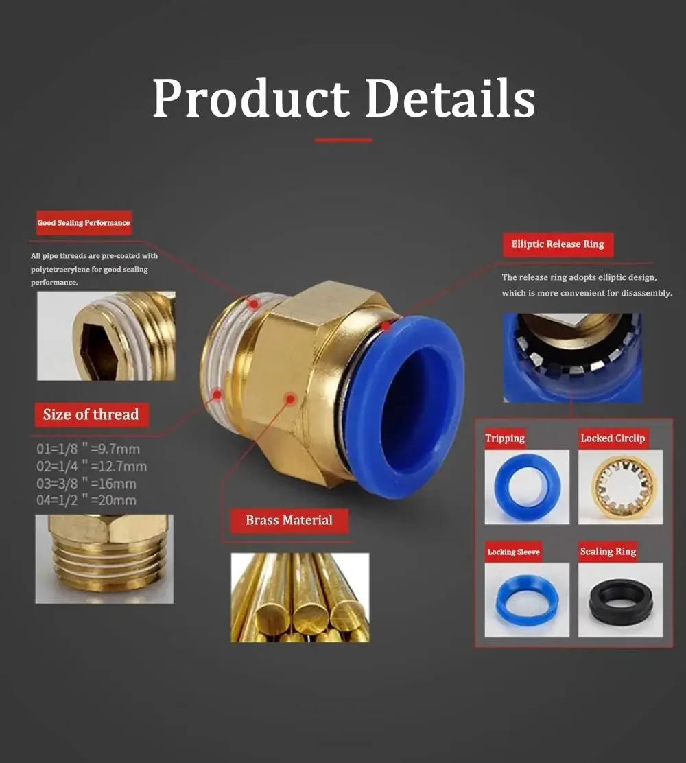 10/50PCS PC Pneumatic Quick Connector 4-12mm Push In Fitting for 1/8" 1/4" 3/8" 1/2" BSPT Thread Air Hose & Tube,Industrial Use