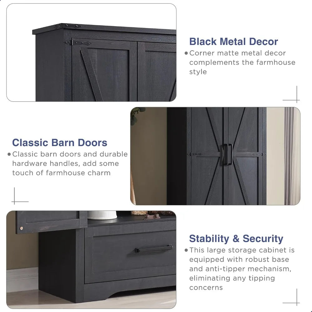 Farmhouse Pantry Cabinet 72in Tall Wood Storage with 2 Barn Doors, Adjustable Shelves & Drawer