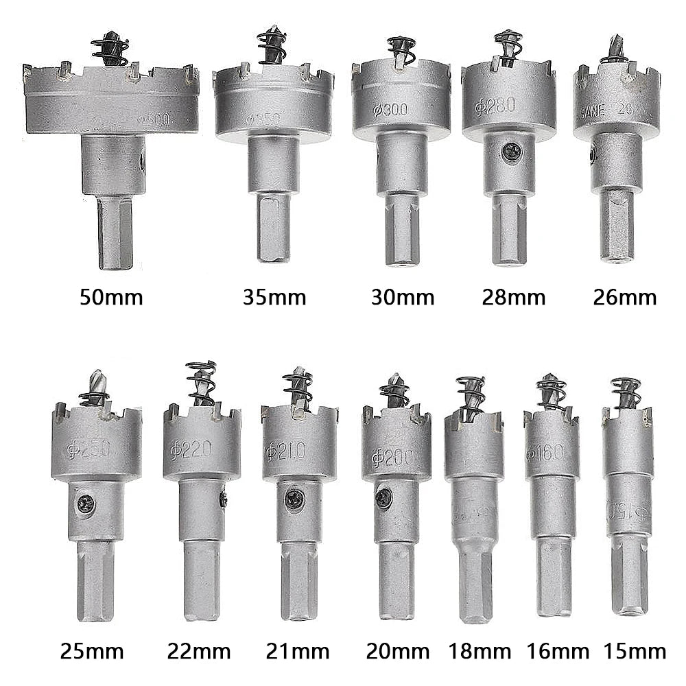 12Pcs15-50mm Alloy Hole Saw Set Carbide Tip TCT Metal Cutter Core Drill Bit Kits for Stainless Steel Metal Drilling Crown