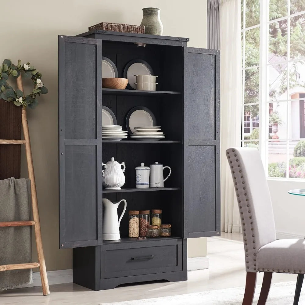 Farmhouse Pantry Cabinet 72in Tall Wood Storage with 2 Barn Doors, Adjustable Shelves & Drawer