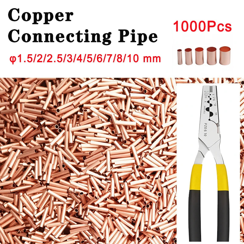 1000Pcs GT Copper Connecting Pipe Wire Joint Connector φ1.5/2/2.5/3/4/5/6/7/8/10mm Cold Crimping Terminal Red Copper And Pliers