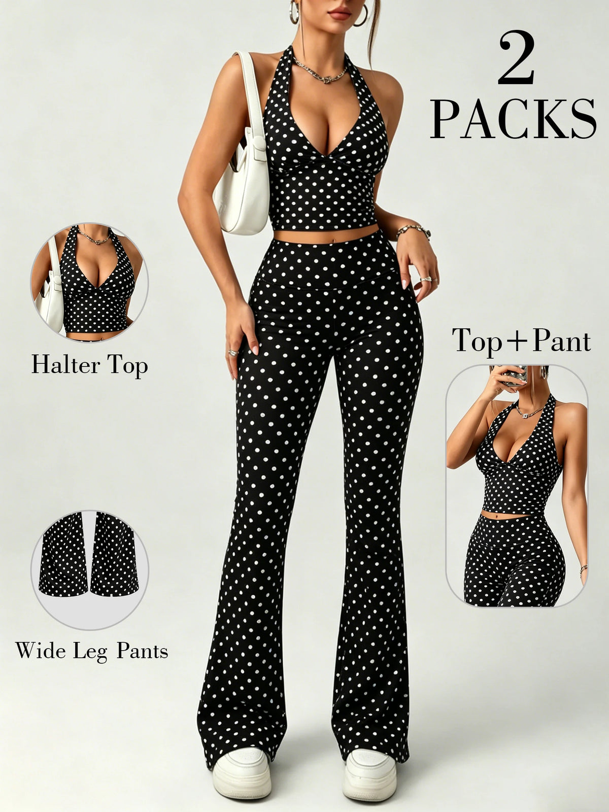 2Packs Women Y2K Polka Dot Matching Set Halter V Neck Crop Top High Waist Flare Pants Lounge Party Outfit