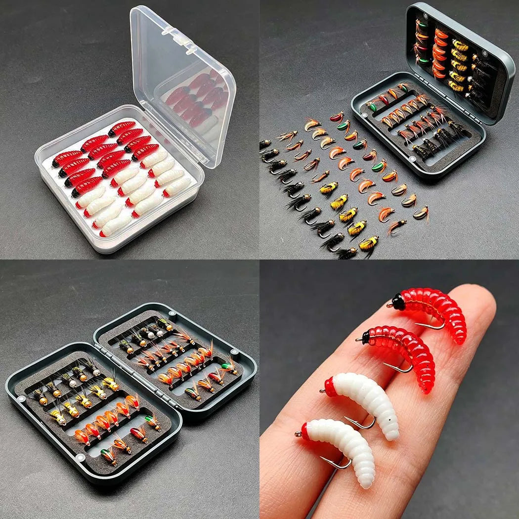Fly Fishing Flies Kit, 2Boxes Bundle(Total 64Pcs Flies) Dry and Wet Flies, Nymphs, for Trout Bass Salmon with Flies Box