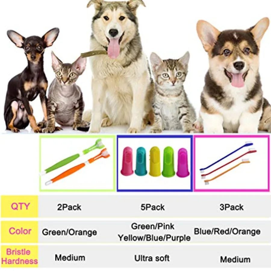 10 Pack Pet Dog Toothbrush, 2 Triple Head Pet Toothbrushes 3 Double Head Tooth Brush 5 Pack Finger Rubber Toothbrushes, Multi-A