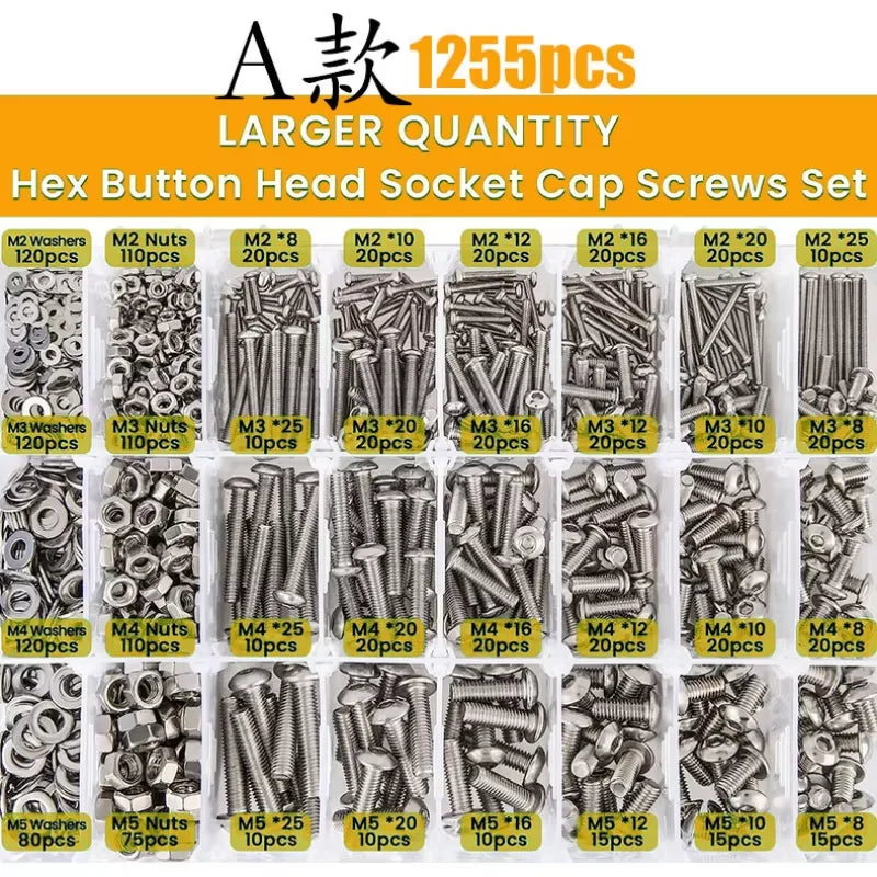 1255Pcs/660pcs/520pcs/1290pcs/pan Head Hexagon Screw and Nut Set Combination