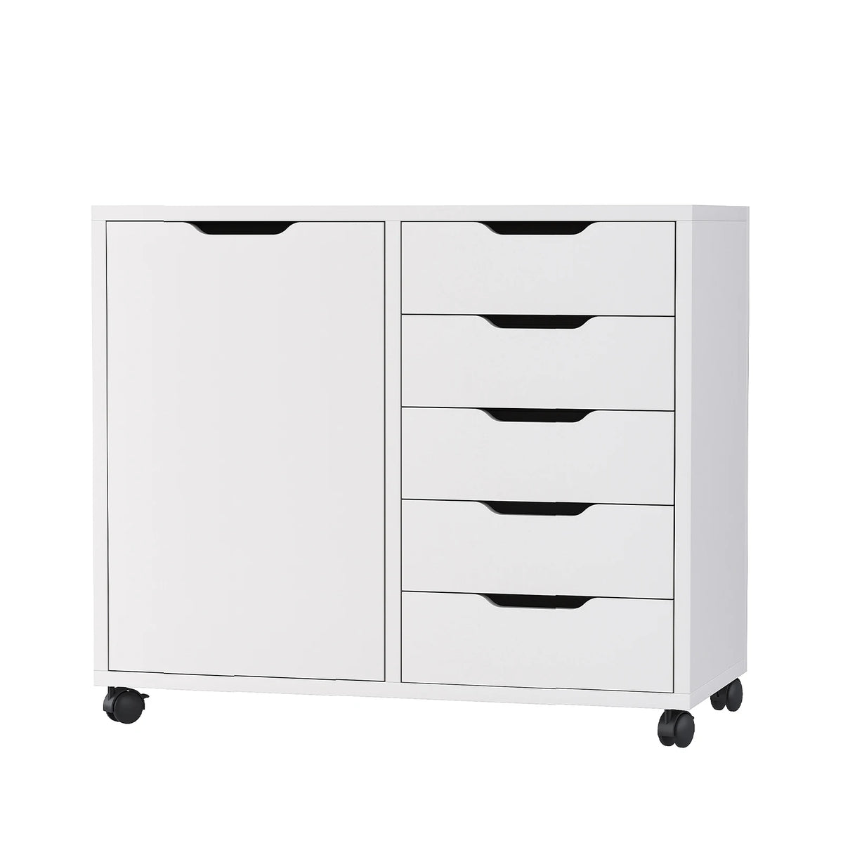 5 Drawer Wood Cabinet File Storage Cabinet with Adjustable Shelf Wheels Mobile Printer Stand for Home Office Study Room White