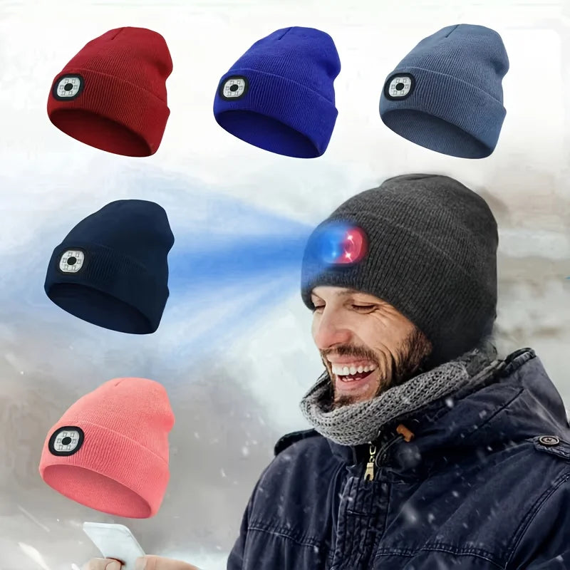 Unisex LED-Lit Knit Beanie USB-Rechargeable 4-Light LED Headlamp Winter Cap with Flashlight Function for Nighttime Activities like Walking Running Cycling Hiking Camping