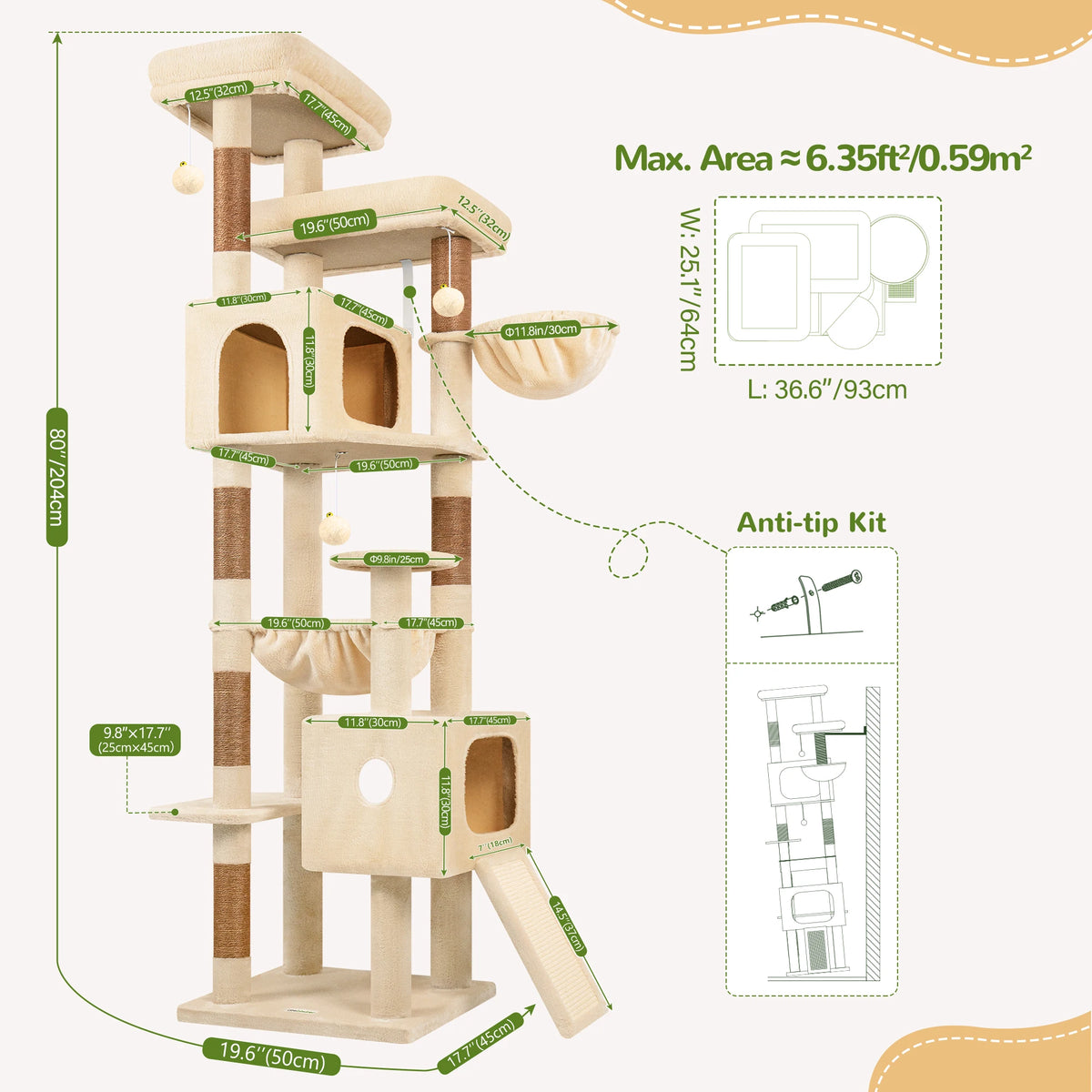Globlazer 80" Large Cat Tree Tower for Indoor Cats, Multi-Level Cat Climbing Activity Center with 2 Condos, 2 Hammocks, 3 Perches, Sisal Scratching Posts for 2-3 Medium Large Cats