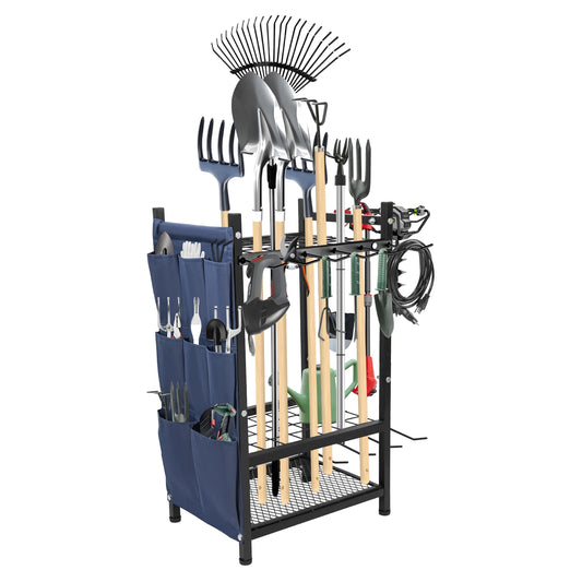 Garden Tool Organizer for Garage, Utility Storage Racks W/ Storage Bag, Metal Yard Tool Stand Holder Organizer for 35 Long-Handled, Broom, Shovel, Rake, Sturdy Heavy Rack for Outdoor, Yard, Black, Storage Racks