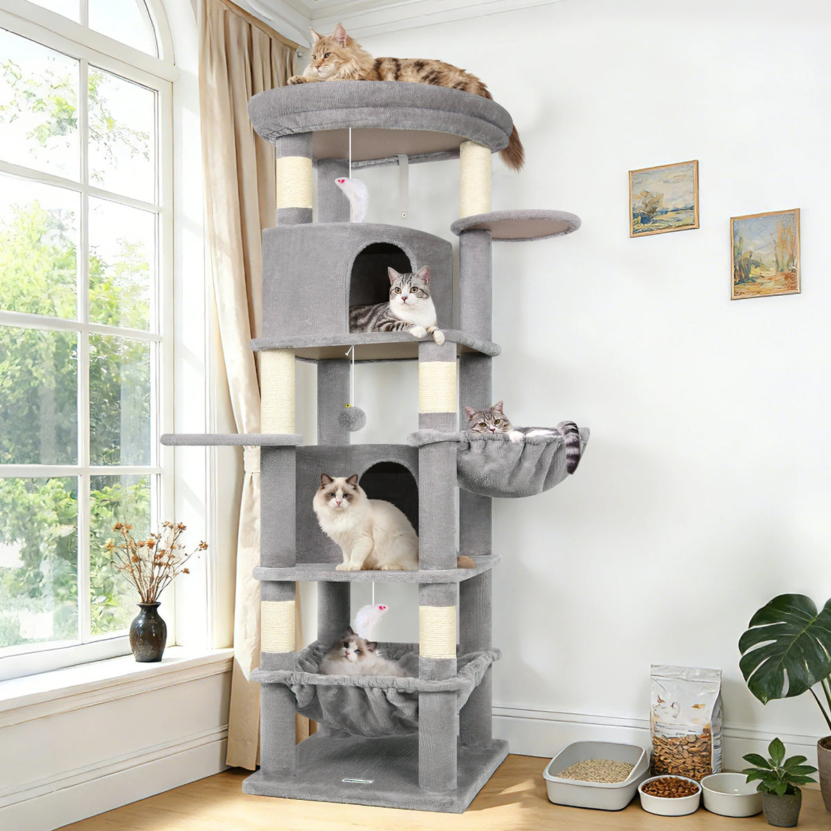 Globlazer 68" Cat Tree Tower for Indoor Cats, Aesthetic Multi-Level Cat Climbing Activity Center with 2 Condos, 2 Hammocks, Sisal Scratching Posts for 2-3 Medium Large Cats