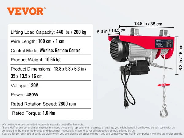 SucceBuy 200-800kg Electric Hoist with Wired/Wireless Remote Control Lifting Crane Cable Hoist Winch for Boat Garage Elevator